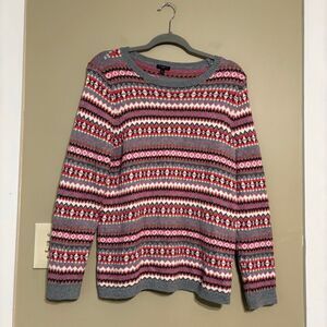 Talbots Petites Gray and Pink Fair Isle Lambswool Pullover Sweater Petite Large
